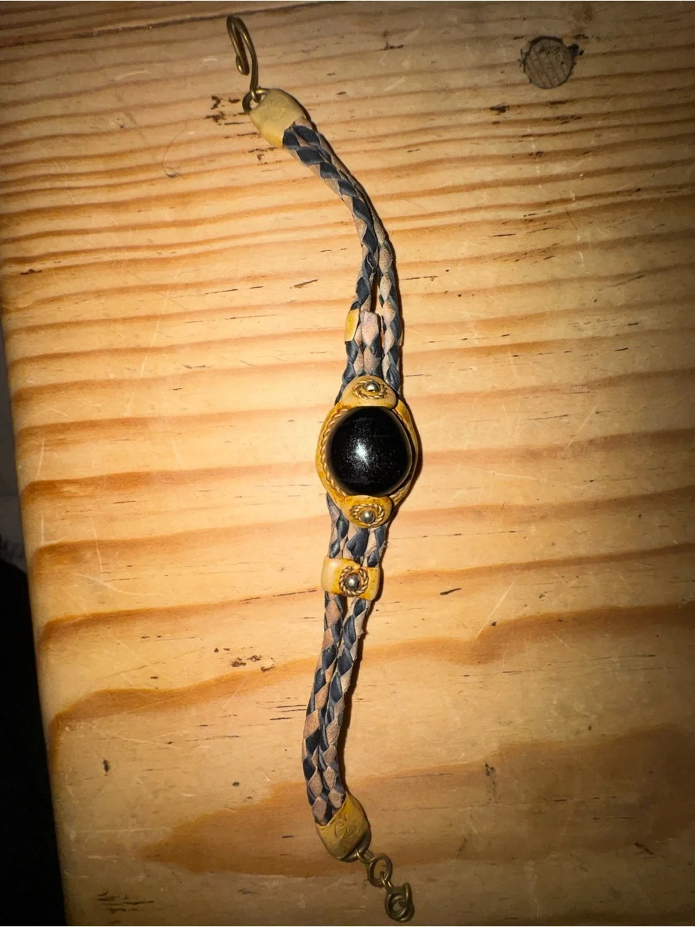 Braided Leather Black Stone Bracelet with Brass Accents